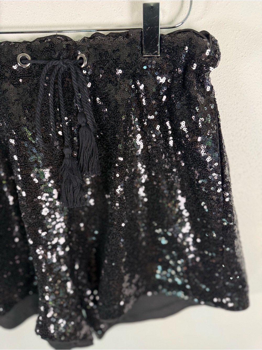 Black Sequin Tassel Tie Shorts Medium Pull-On Party Festival